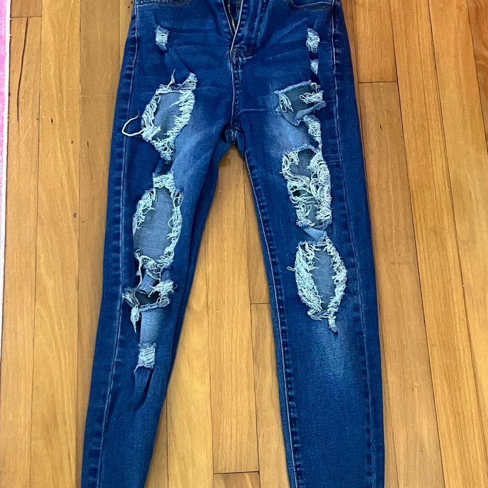 SHEIN Dark Blue Distressed Skinny Jeans